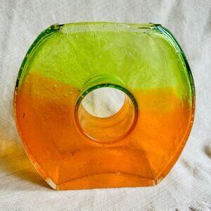 Margie’s Garden Hand Blown Bubble Art Glass Vase Hombre Orange Green Donut Hole